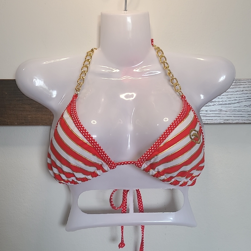 Red and White Striped Bikini with Gold Chain Halter  (🛍 Pick 6/$36)